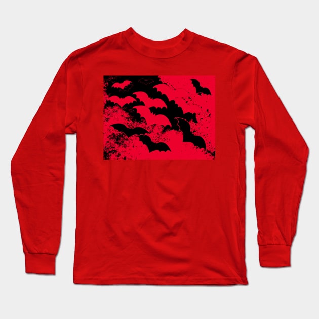 Black Bats In Flight Red Long Sleeve T-Shirt by BlakCircleGirl